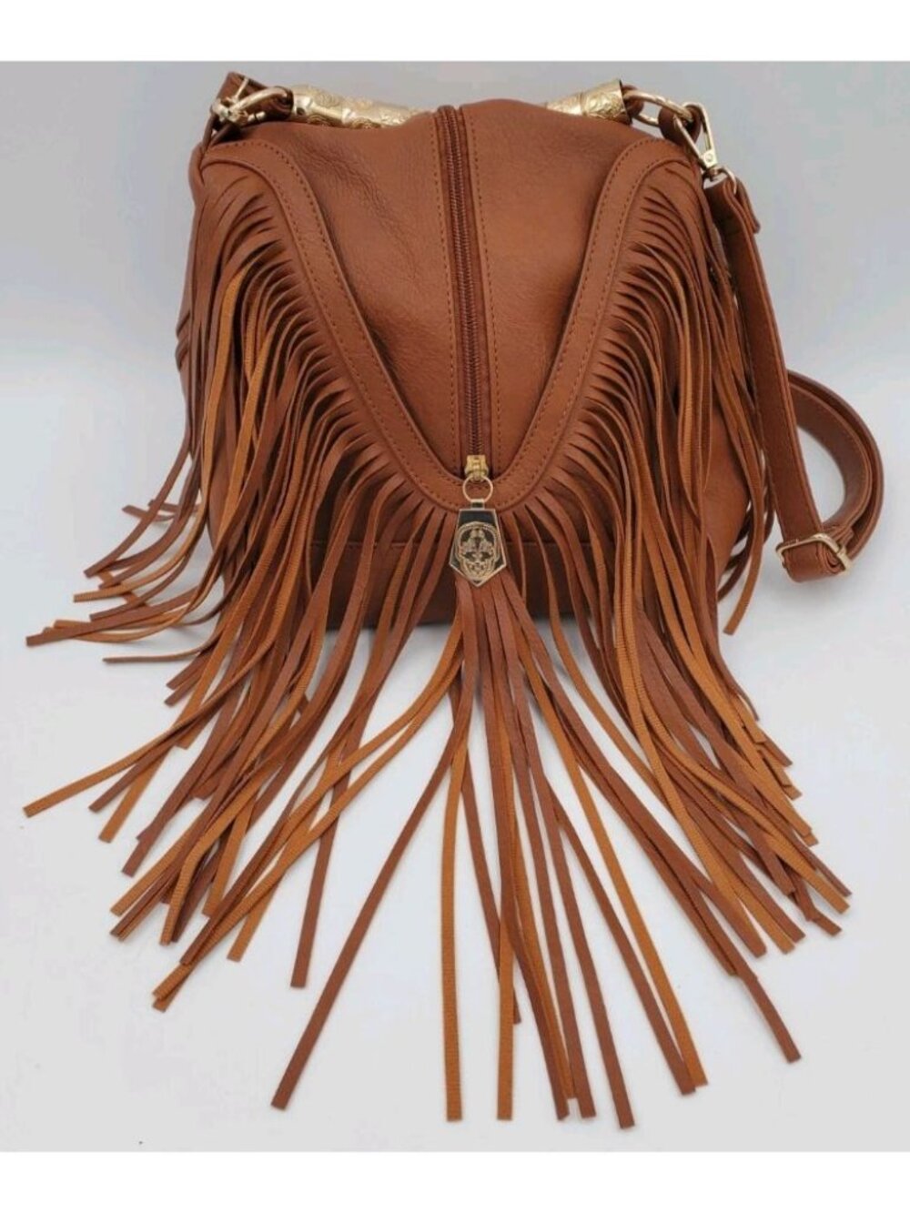 Brown Faux Leather Fringe Gold Bead Handle w/strap Boho Funky!